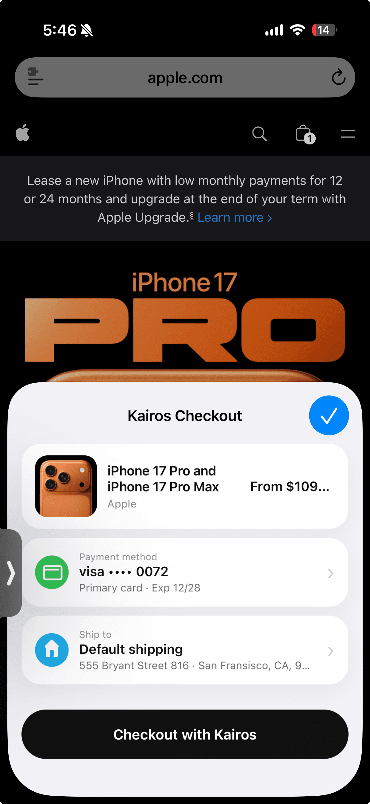 Kairos Checkout screen